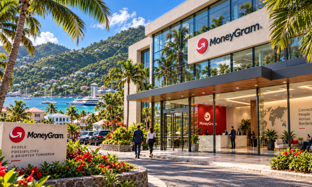 Illustrative MoneyGram office overlooking a tropical Caribbean harbor