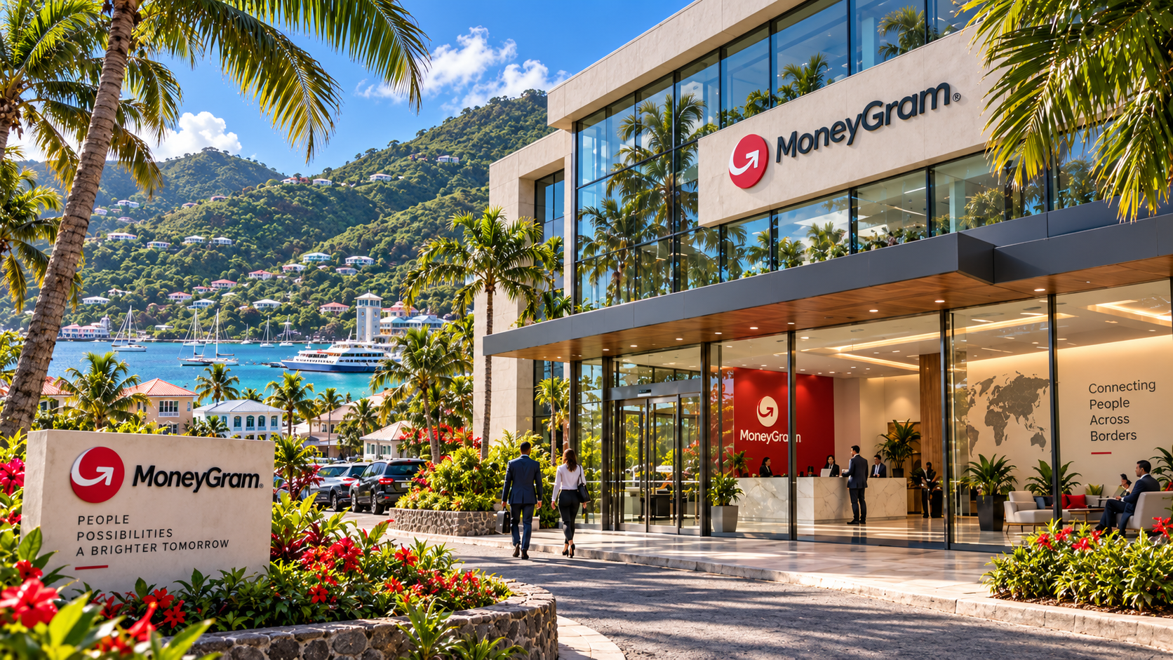 Illustrative MoneyGram office overlooking a tropical Caribbean harbor
