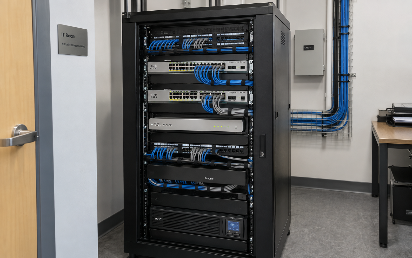 Professional Cisco Catalyst and Meraki network rack with structured cabling