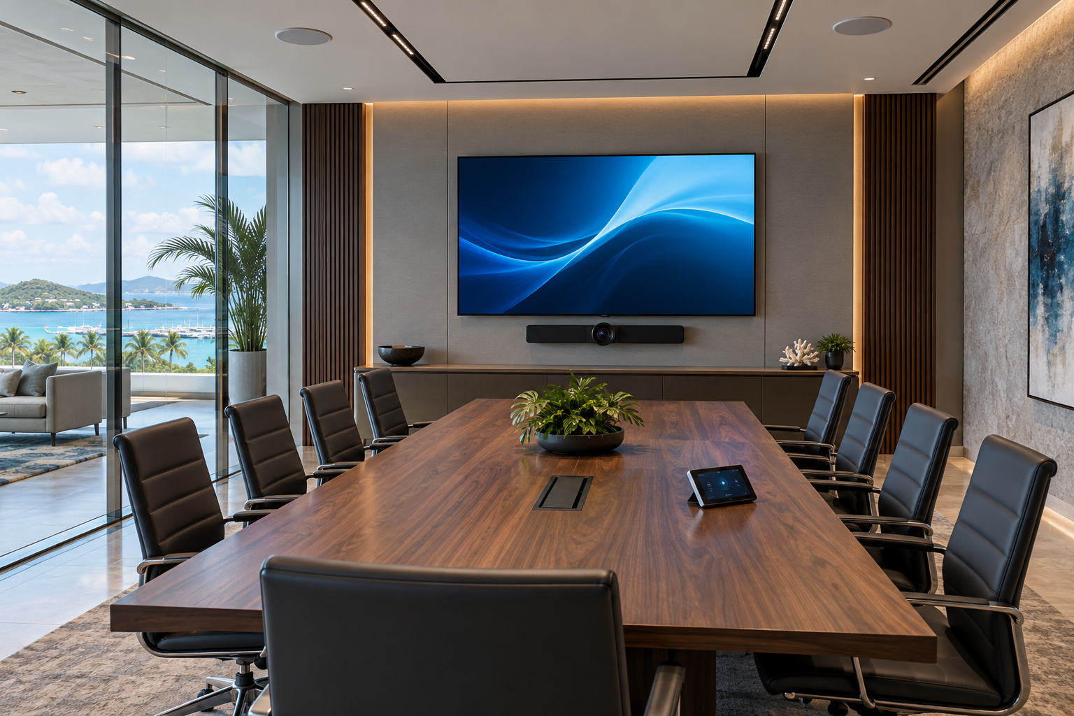 Modern conference room with integrated audio and video equipment