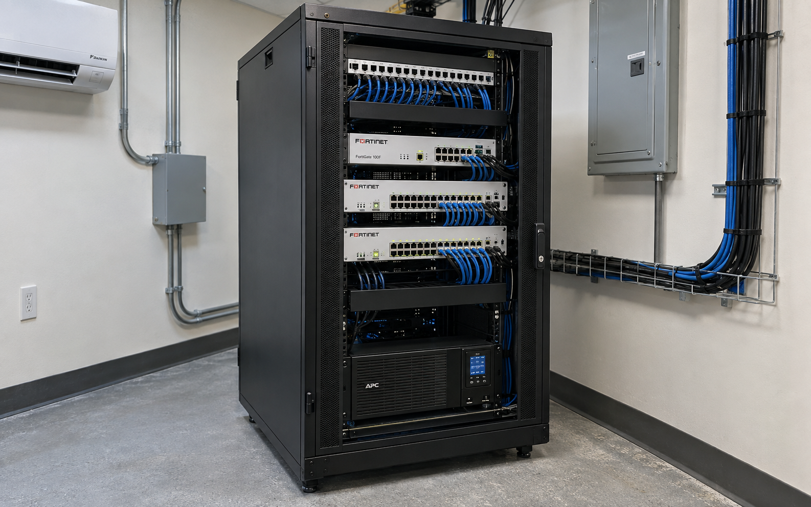 Professional Fortinet security network rack with managed switching and protected power