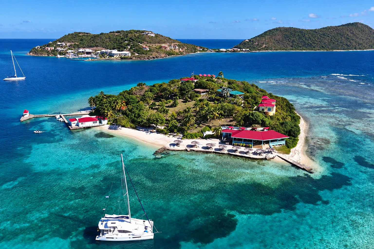 AI-enhanced aerial view of Marina Cay in the British Virgin Islands