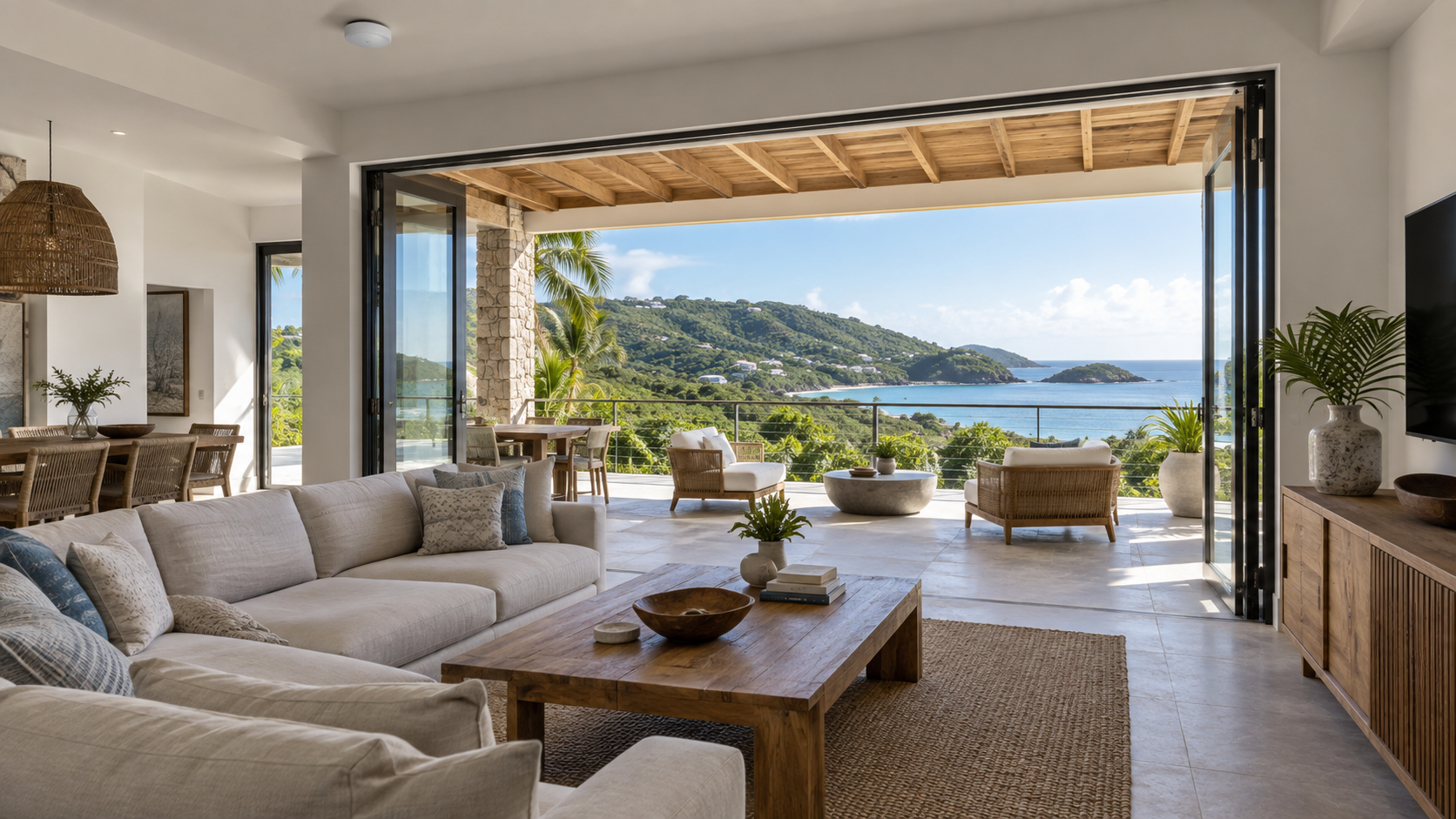 Realistic Caribbean vacation villa interior with a discreet ceiling-mounted wireless access point
