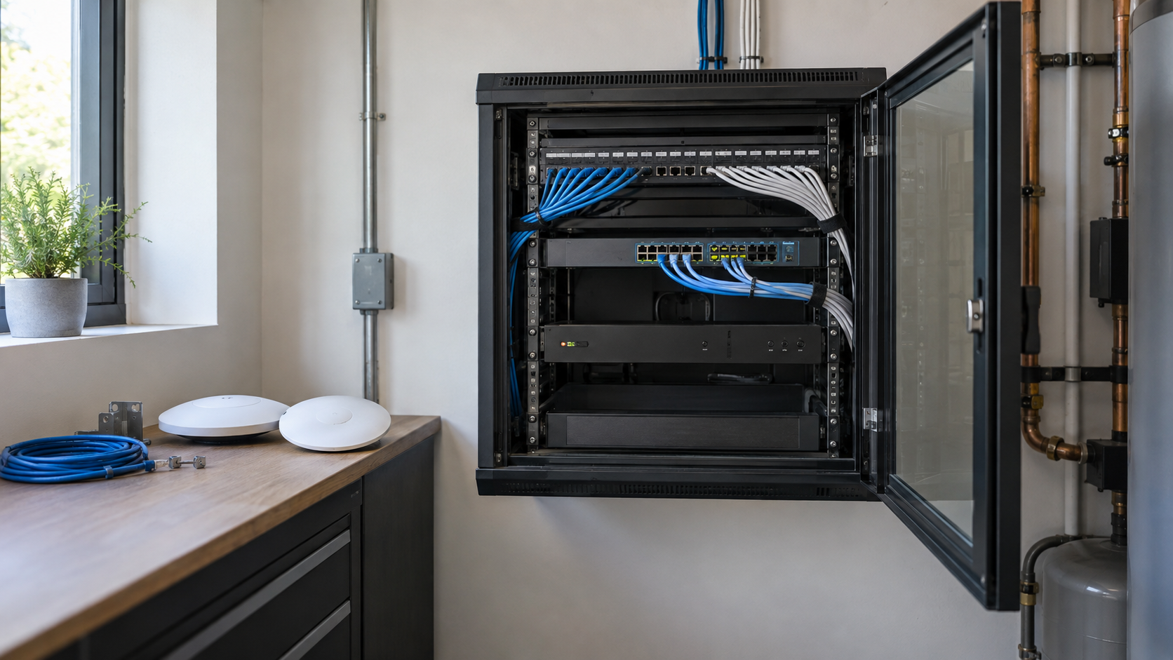 Realistic villa network cabinet with managed switch, structured cabling and wireless access points