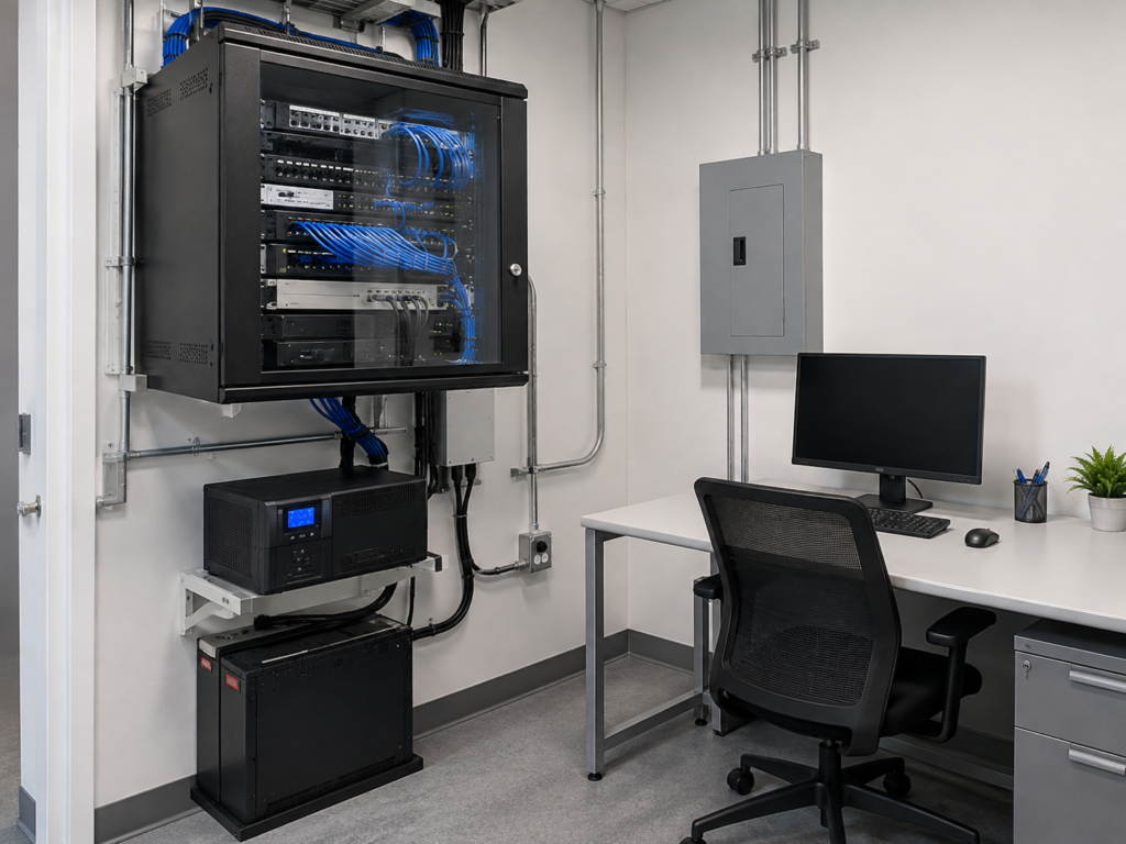 Organized network cabinet and power protection equipment in a business technology room