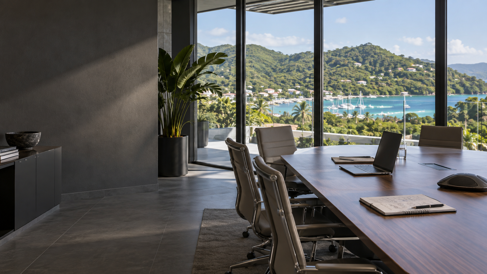 Contemporary Caribbean business setting overlooking an island marina