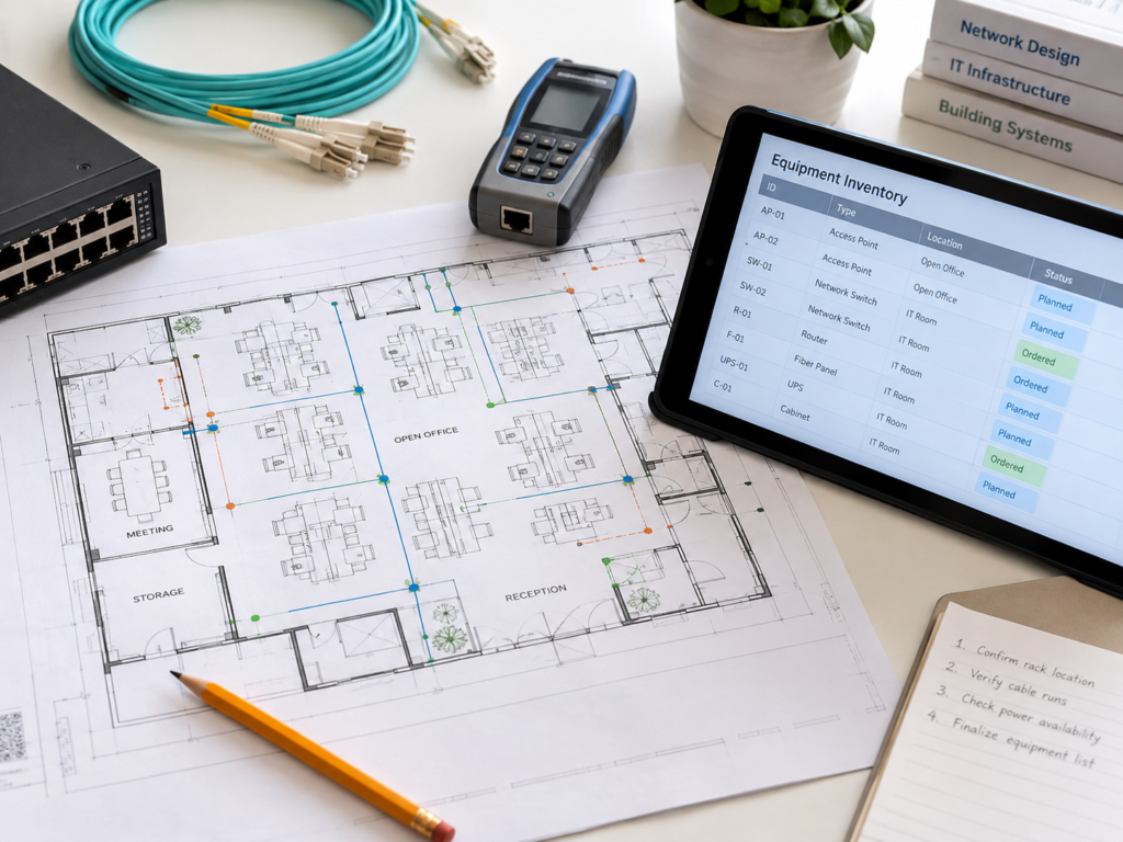 Network floorplan, equipment inventory and diagnostic tools arranged for technology planning