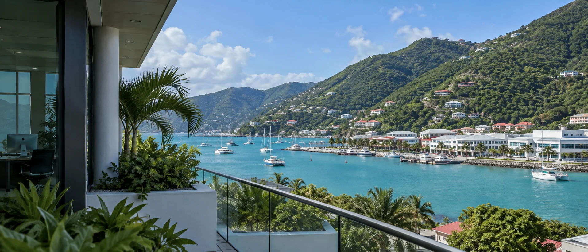 Illustrative Caribbean waterfront business setting with turquoise harbor, green hills and modern office architecture