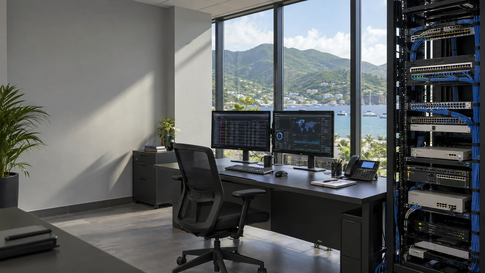 Illustrative Caribbean technology workspace with security monitoring screens and network equipment