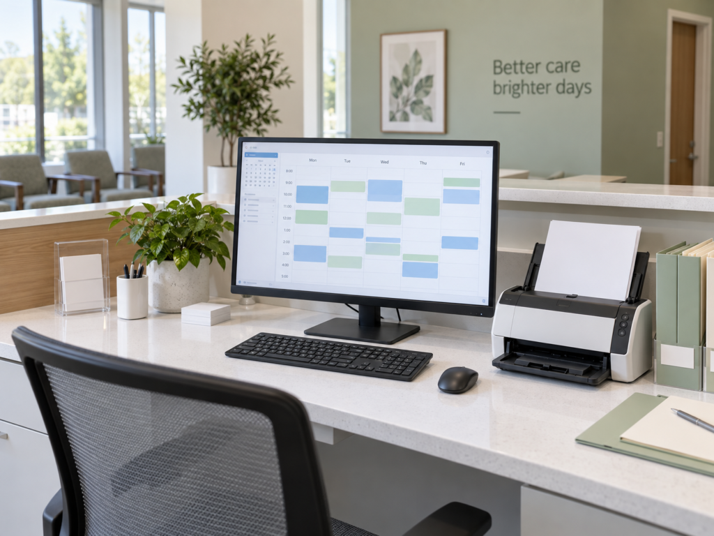Illustrative medical practice administration workspace with scheduling display and document scanner