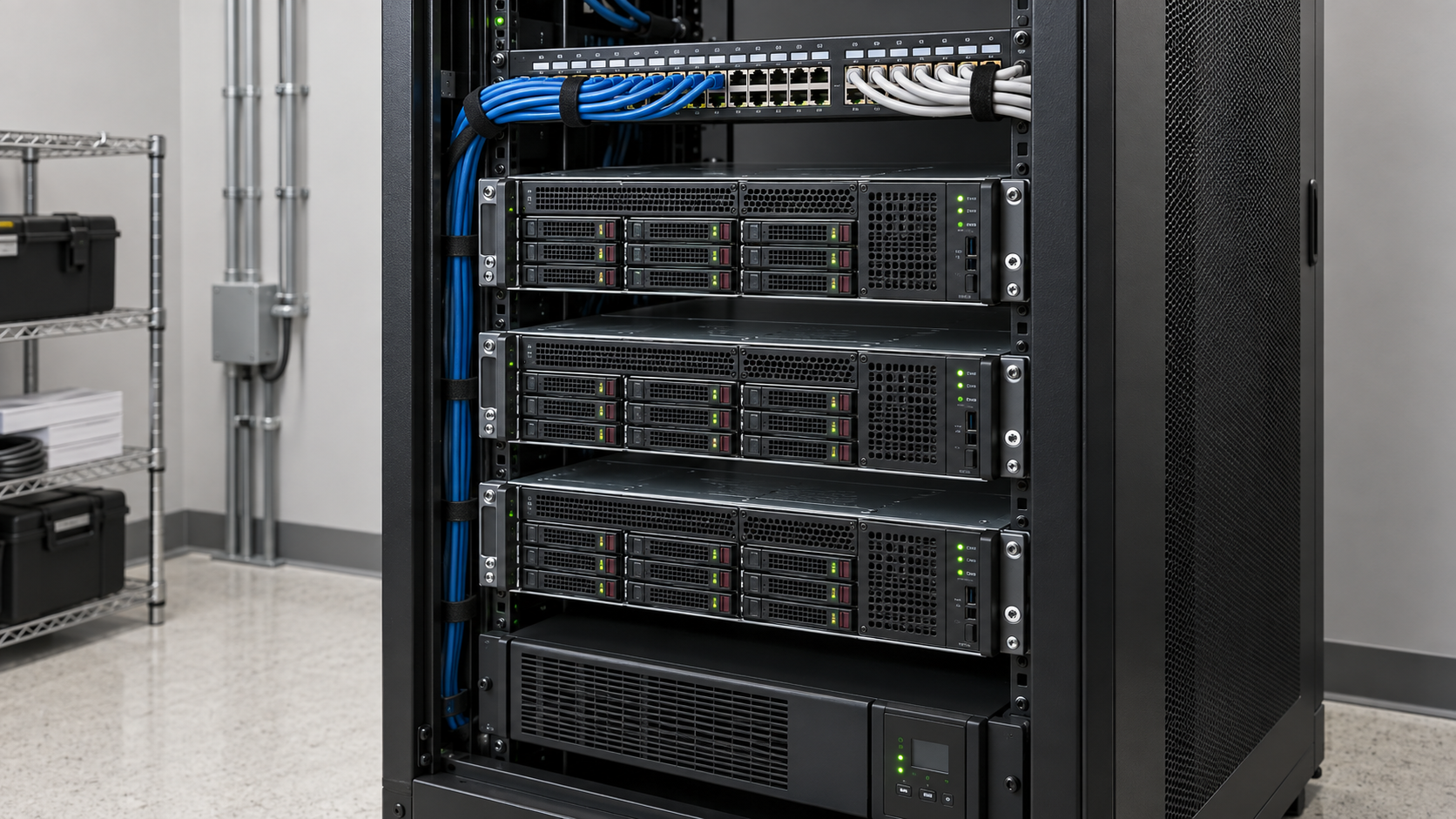 Rack-mounted enterprise servers and organised equipment enclosure