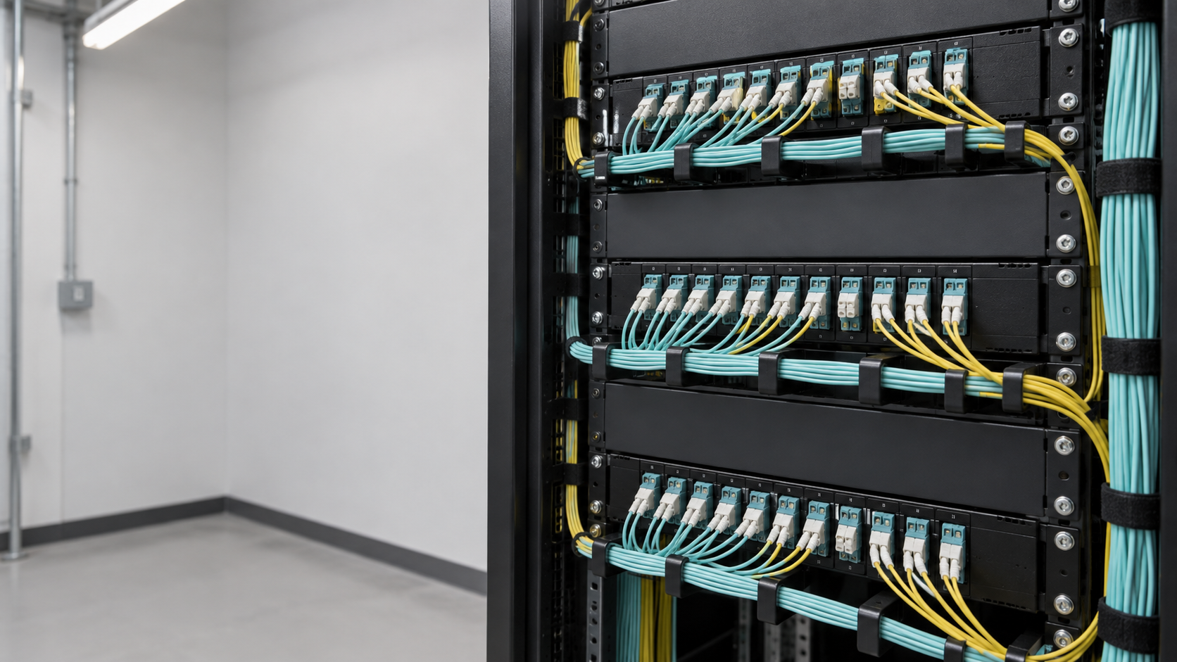 Illustrative fiber distribution rack with organized single-mode and multi-mode patch cables