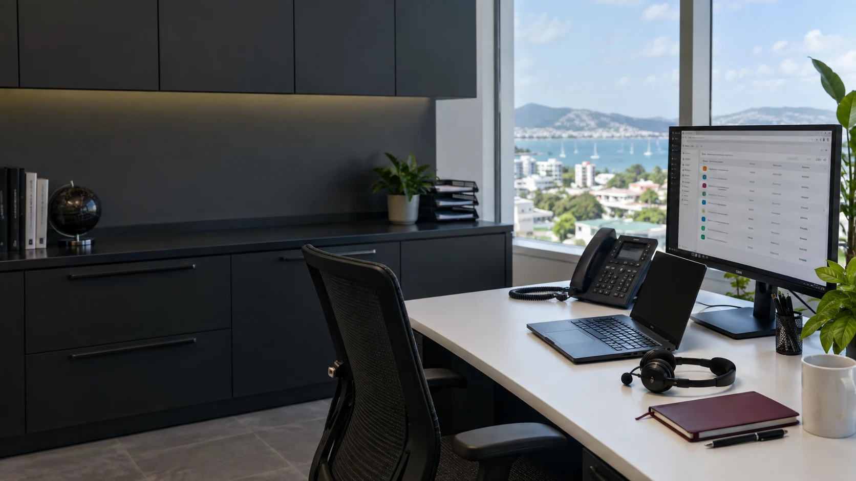 Illustrative Caribbean IT support workspace with laptop, headset and ticketing monitor