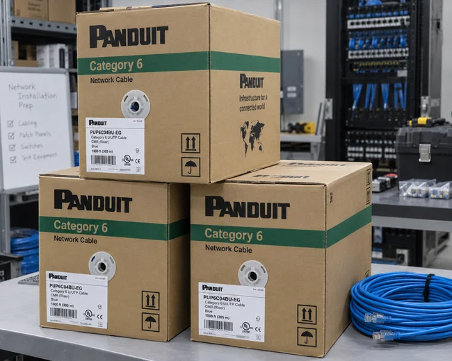 Panduit Cat6 cable boxes prepared for structured cabling work