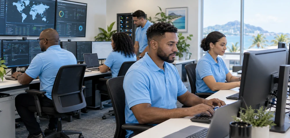 IT engineers in sky-blue polo shirts working at computer systems