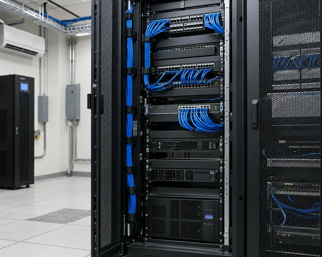 IT server room with organized equipment racks