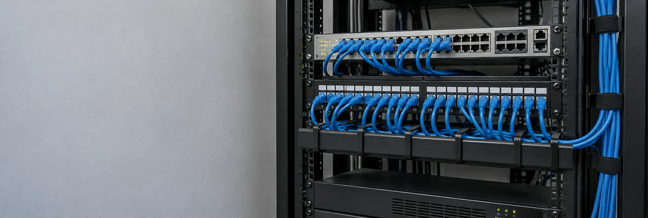 Illustrative structured cabling rack with organized blue patch leads