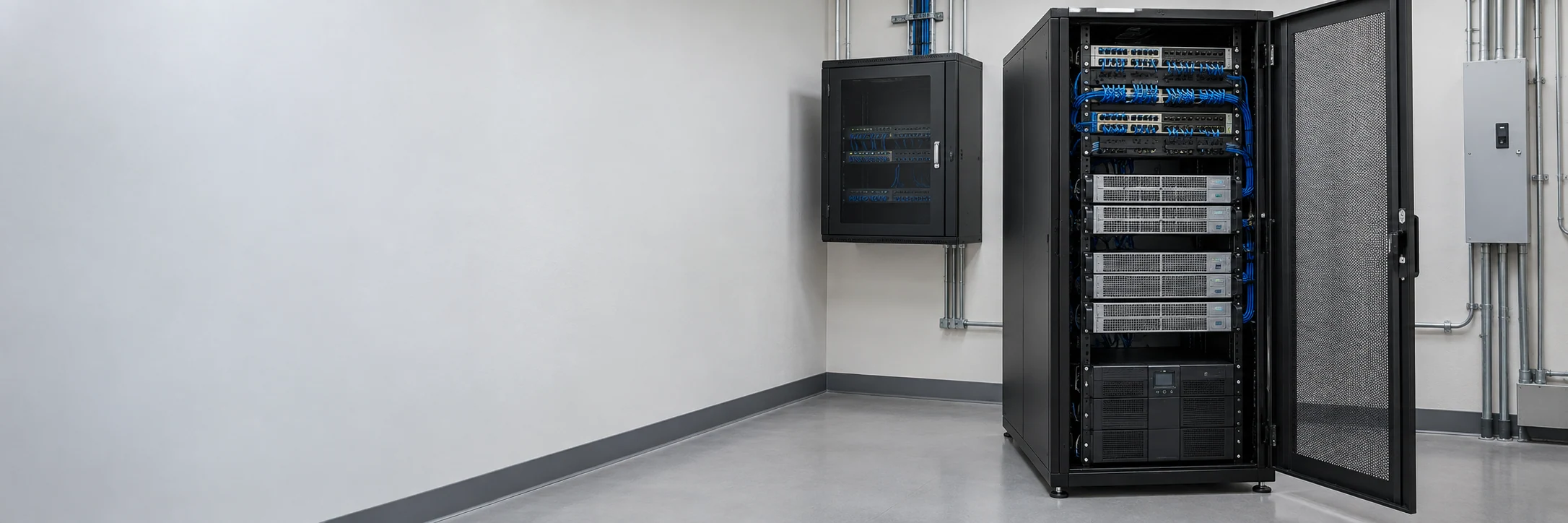Illustrative server cabinet and wall-mounted network enclosure