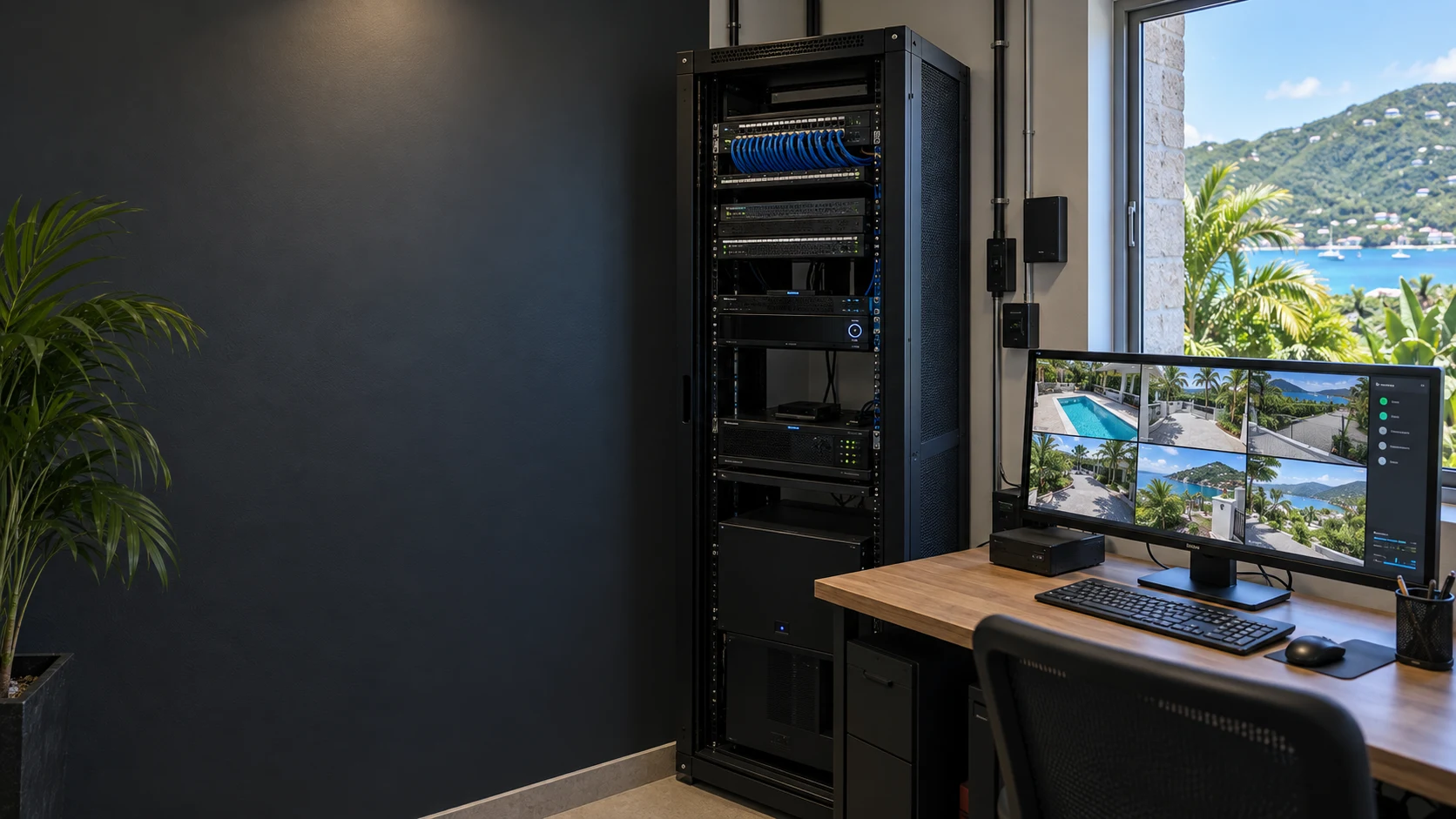 Illustrative Caribbean security equipment room with recorder rack and camera monitoring workstation