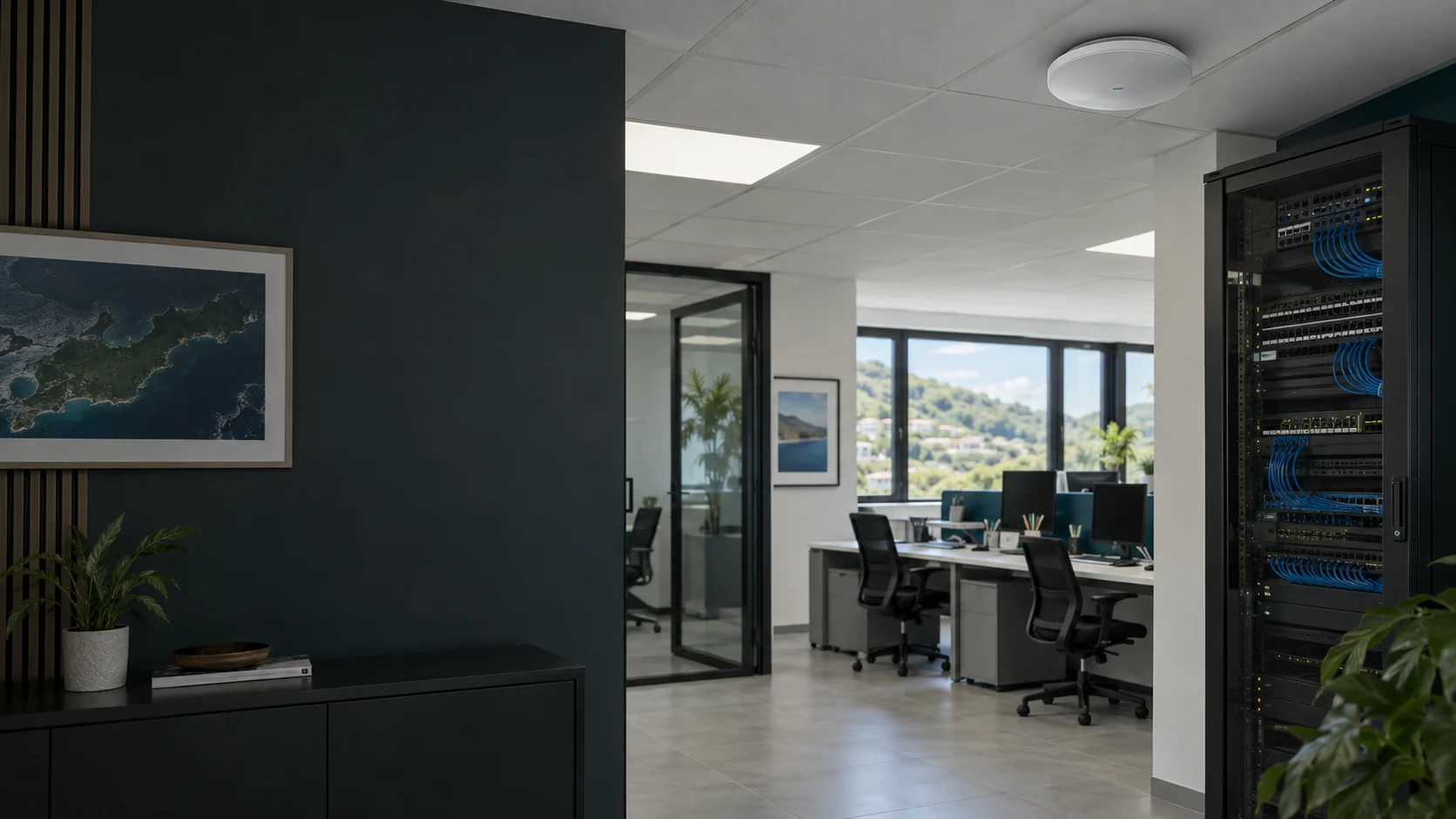 Illustrative office Wi-Fi access point and organized network cabinet