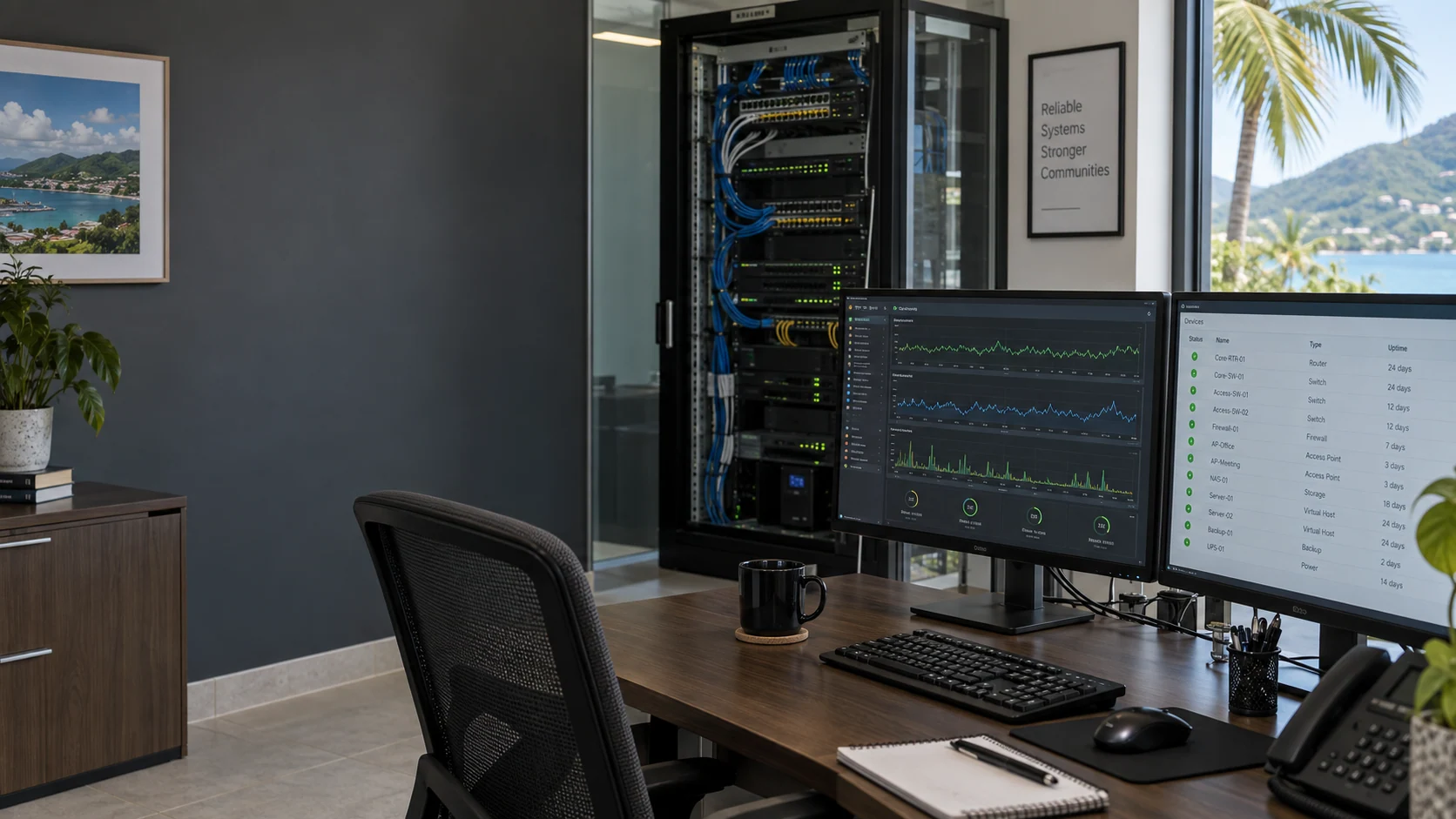 Illustrative IT monitoring workspace with device dashboards and network equipment
