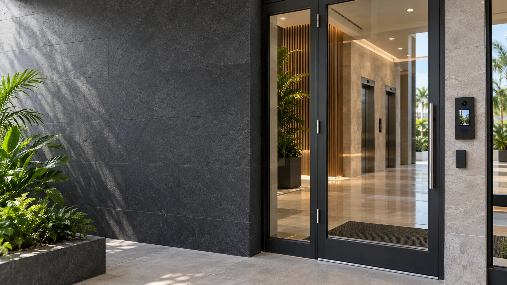 Illustrative Caribbean commercial entrance with a door reader, video intercom and elevator lobby