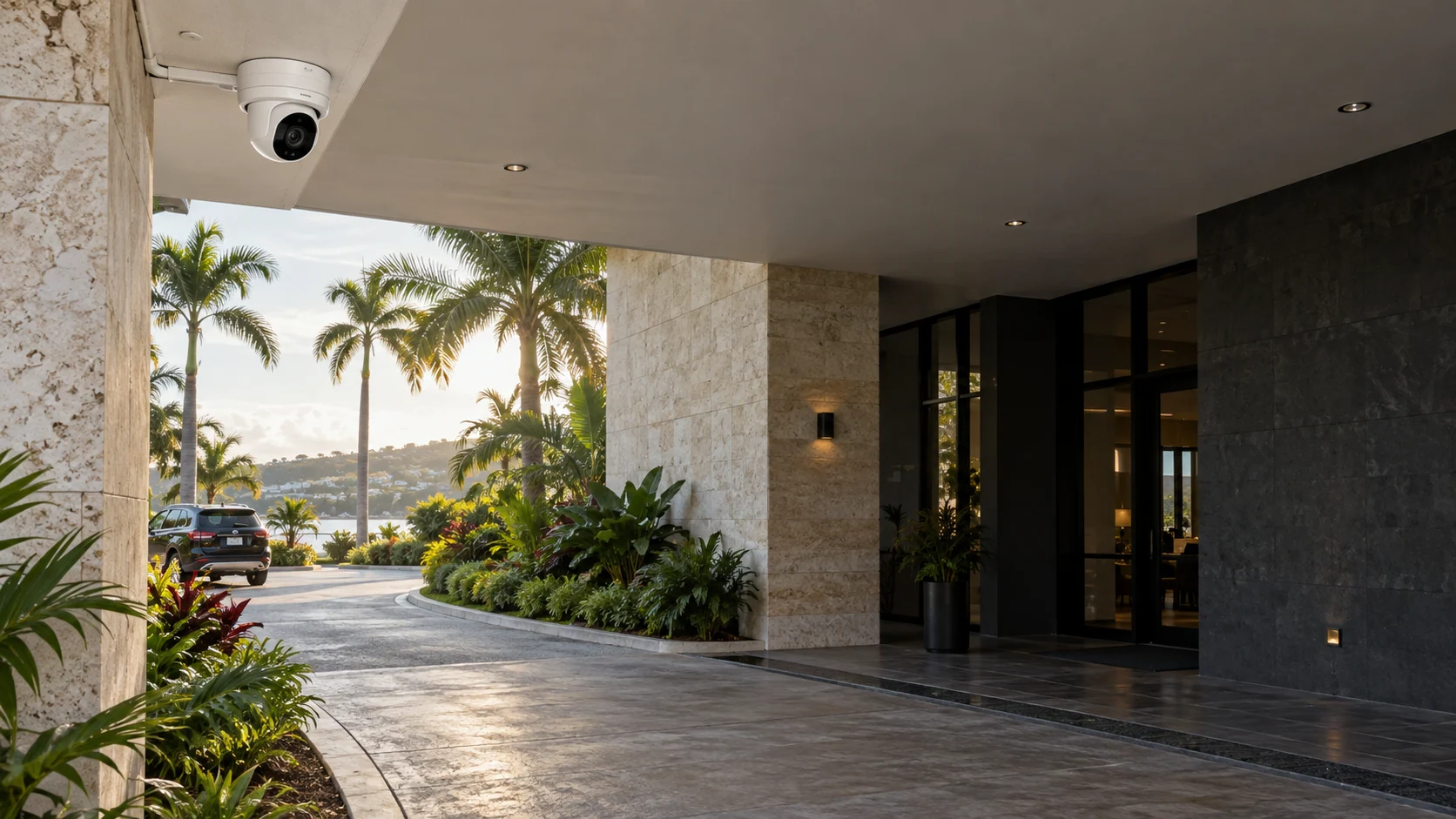 Illustrative security camera mounted above a Caribbean business entrance
