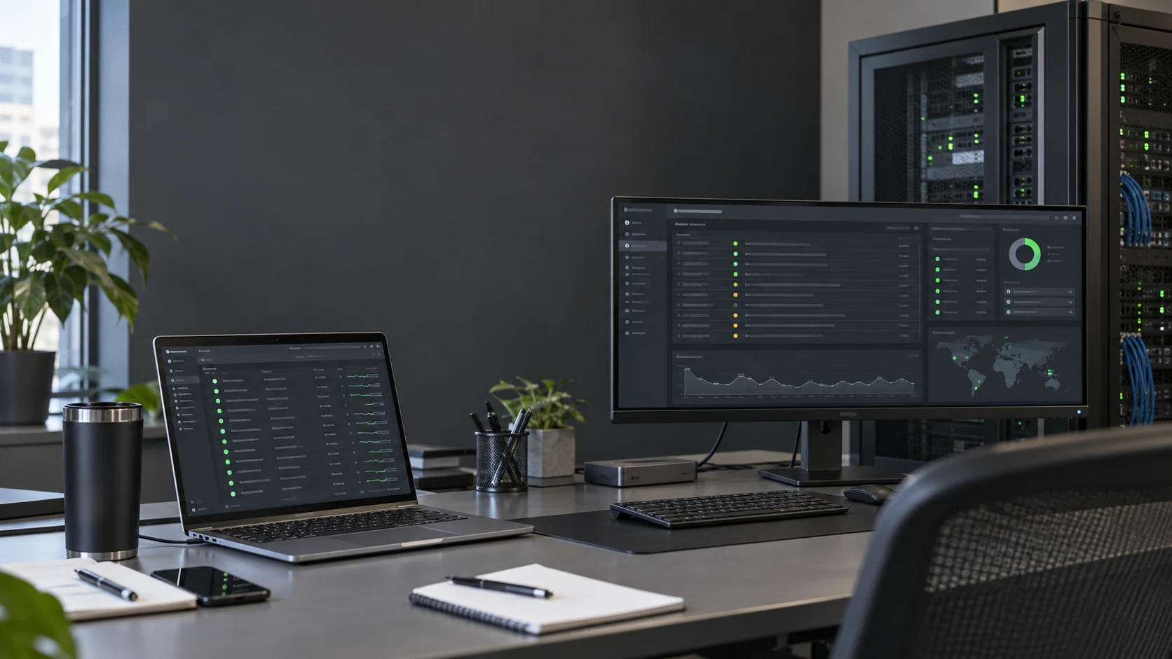 Illustrative endpoint-security workstation with laptop, event display and network cabinet