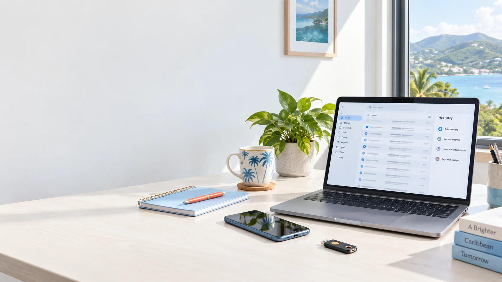 Illustrative Caribbean office desk with a business email workstation and security key