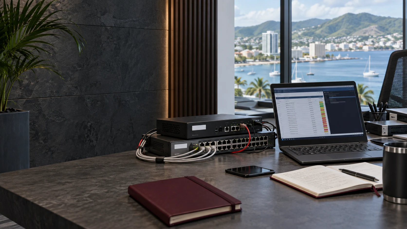 Illustrative authorized security-assessment workbench with laptop, switch and firewall