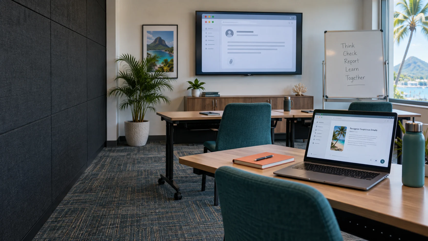 Illustrative Caribbean corporate training room with a laptop and email-awareness lesson