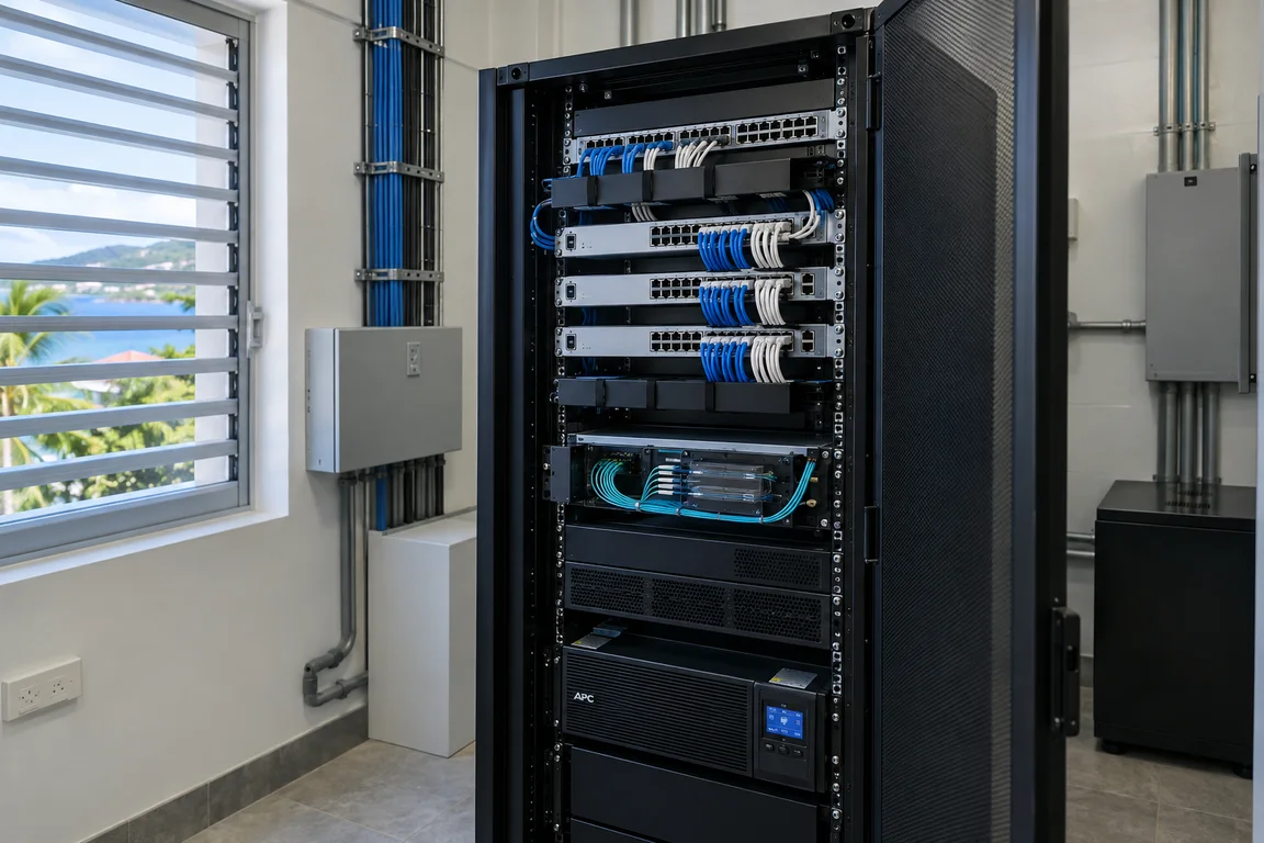 Organized network cabinet with switches, patch panels and backup power