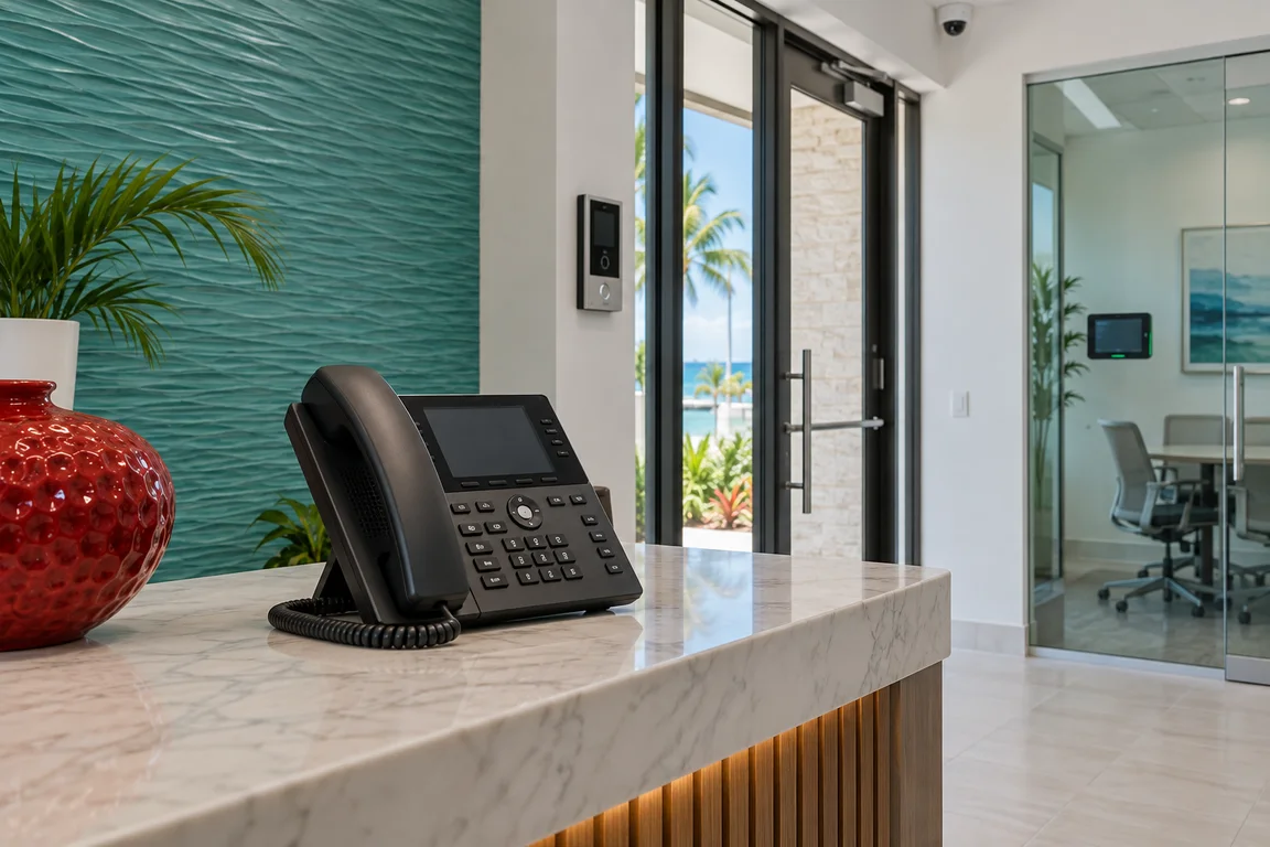 Business phone, intercom and security camera in a reception area