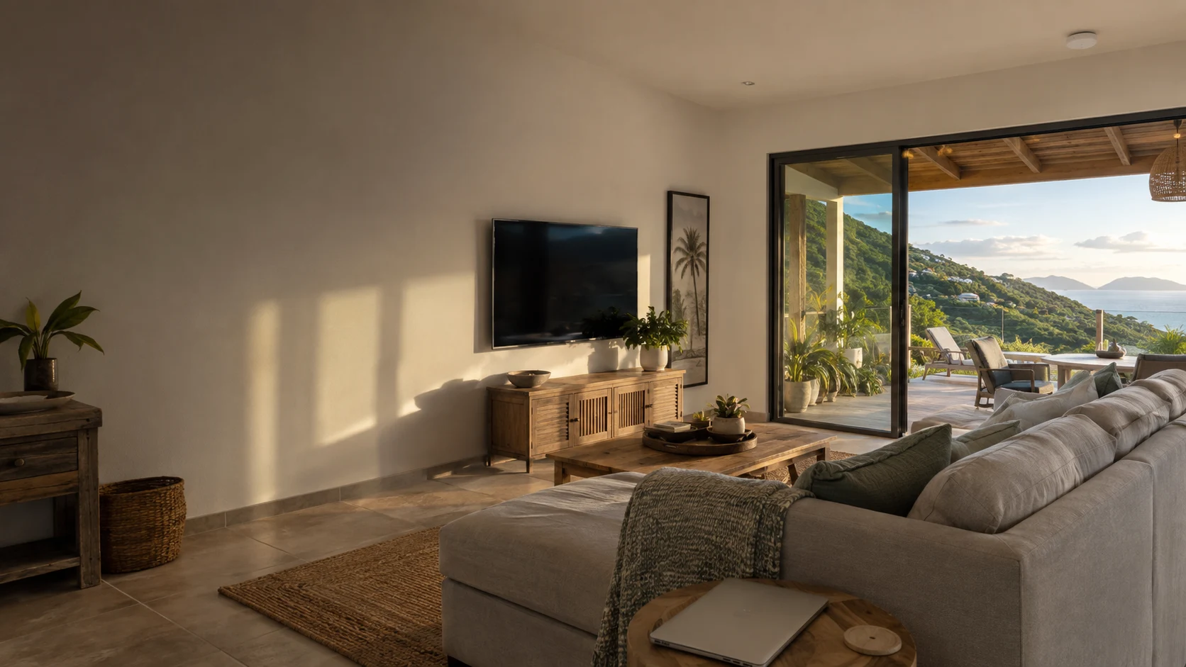 Caribbean living room opening onto a veranda, with a discreet ceiling-mounted Wi-Fi access point