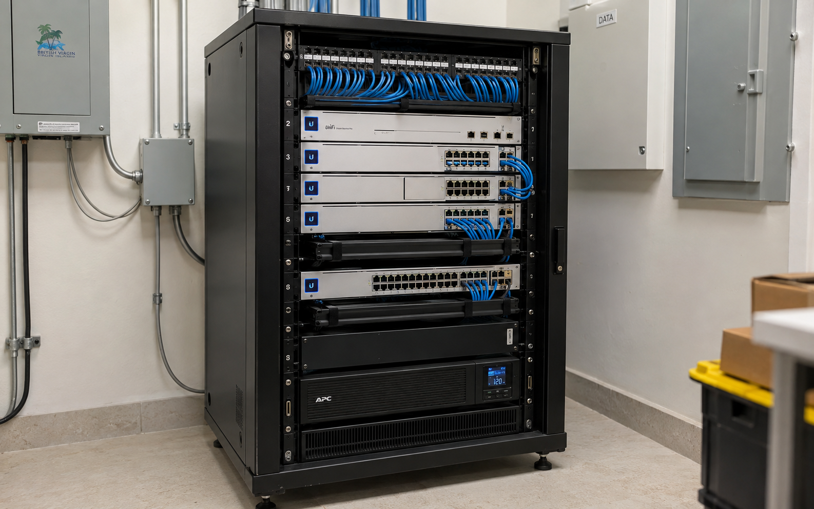 Professional Ubiquiti UniFi network rack with managed switching and structured cabling