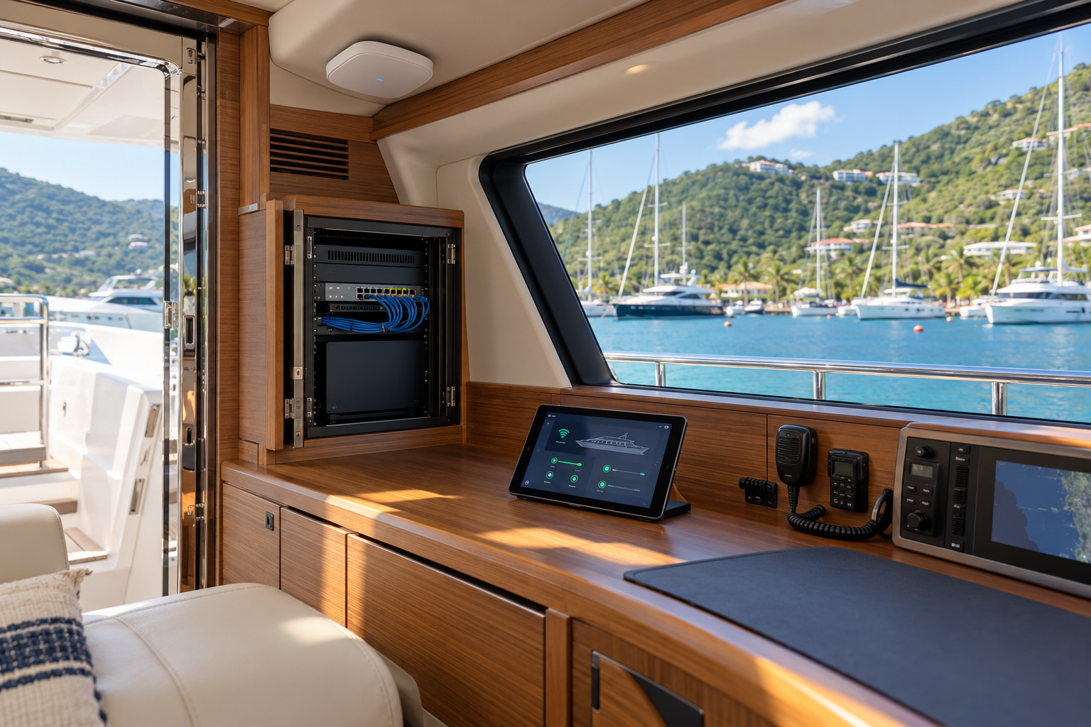 Illustrative yacht networking and communications in a Caribbean marina