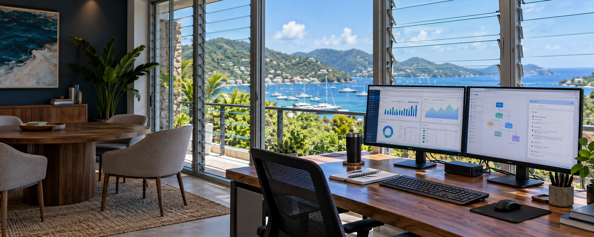 Illustrative Tortola business workspace with operational dashboards and workflow automation screens