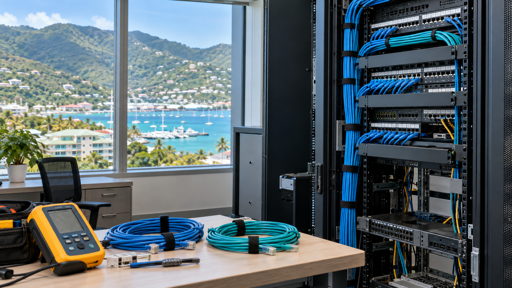 Organized network rack and cable-testing equipment in a Caribbean business office