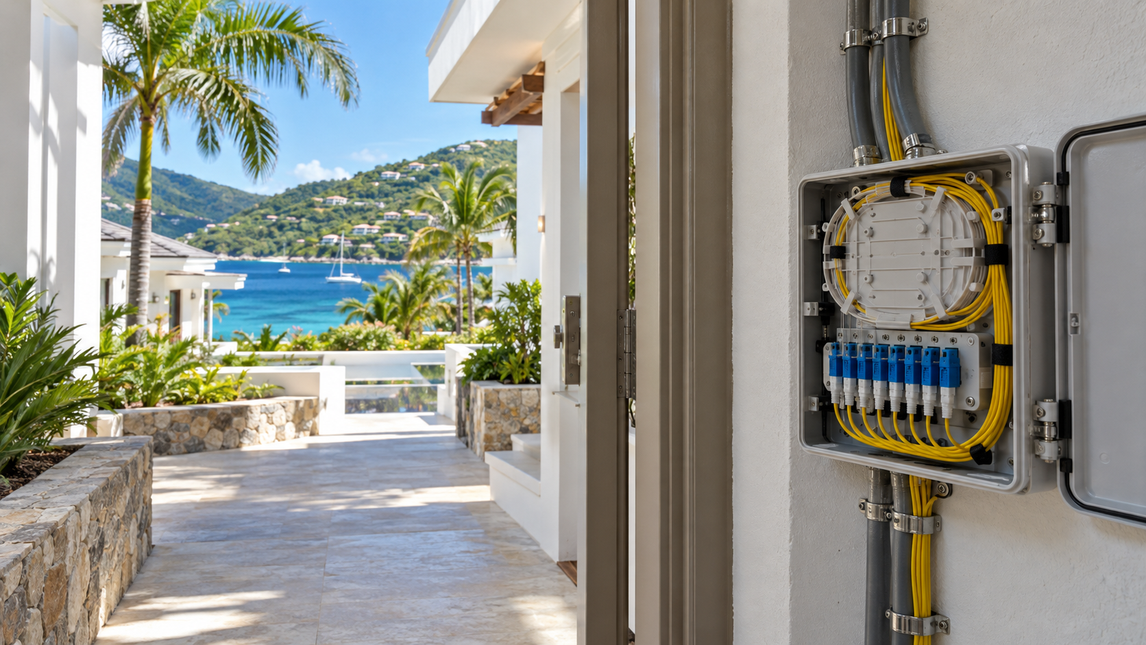 Illustrative fiber distribution terminal serving a Caribbean resort and villa property