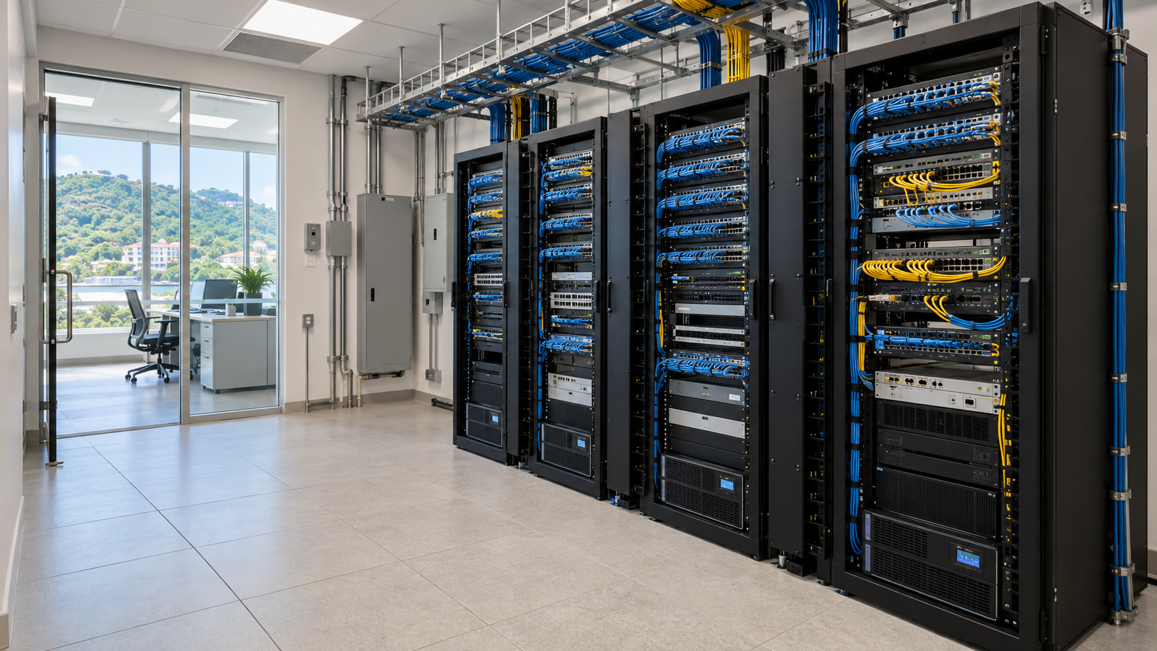 Illustrative complete communications room with network racks, overhead cable pathways and organized patching