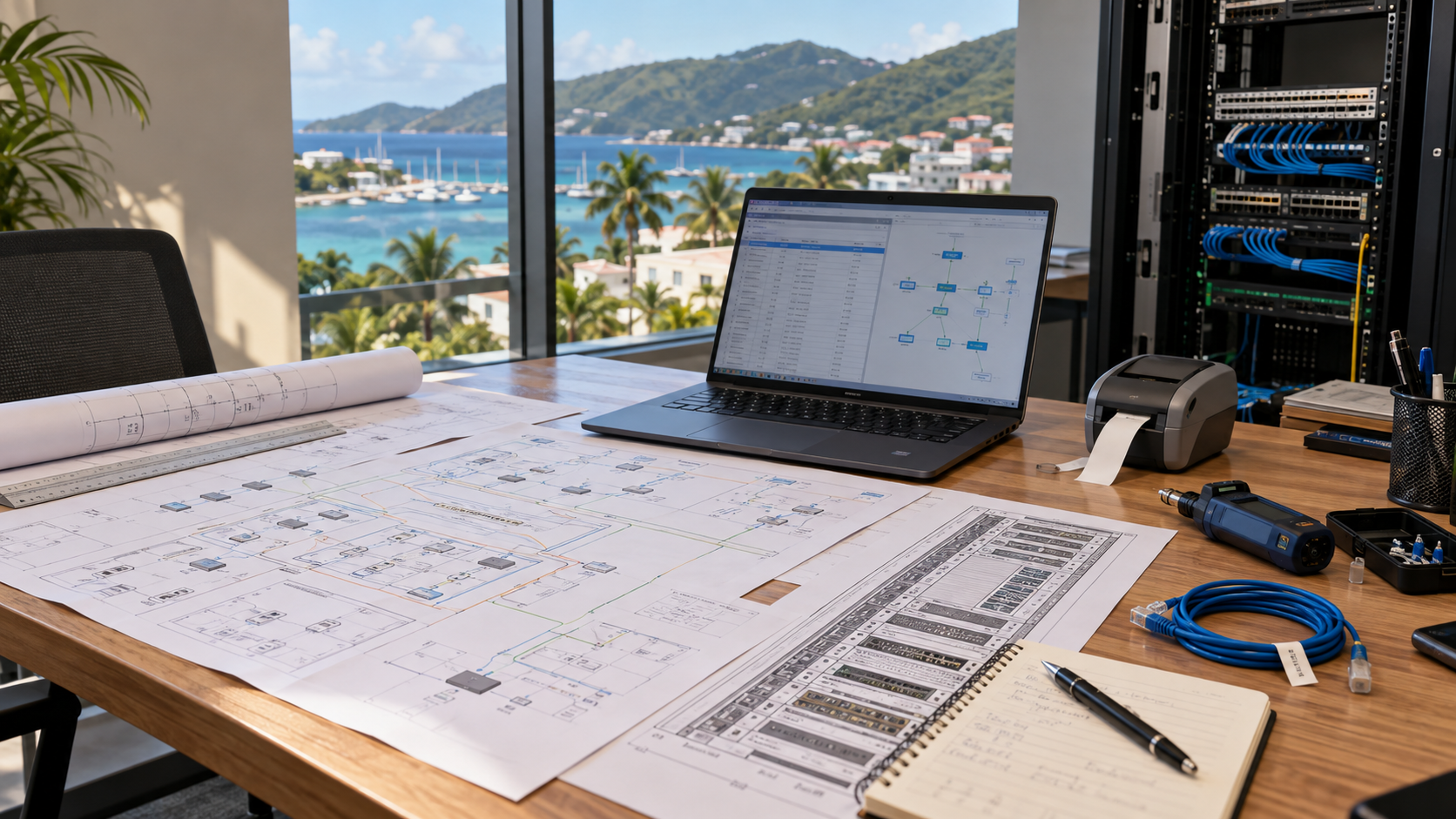 Network topology plans and asset inventory documents in a Caribbean office
