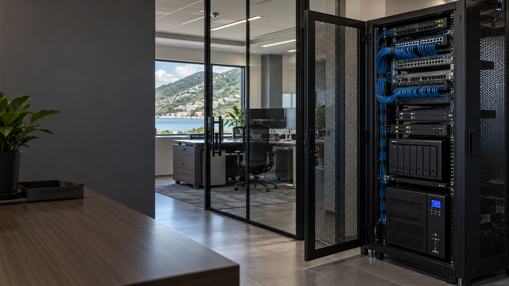 Illustrative BVI business equipment room with organized networking, backup storage and UPS power