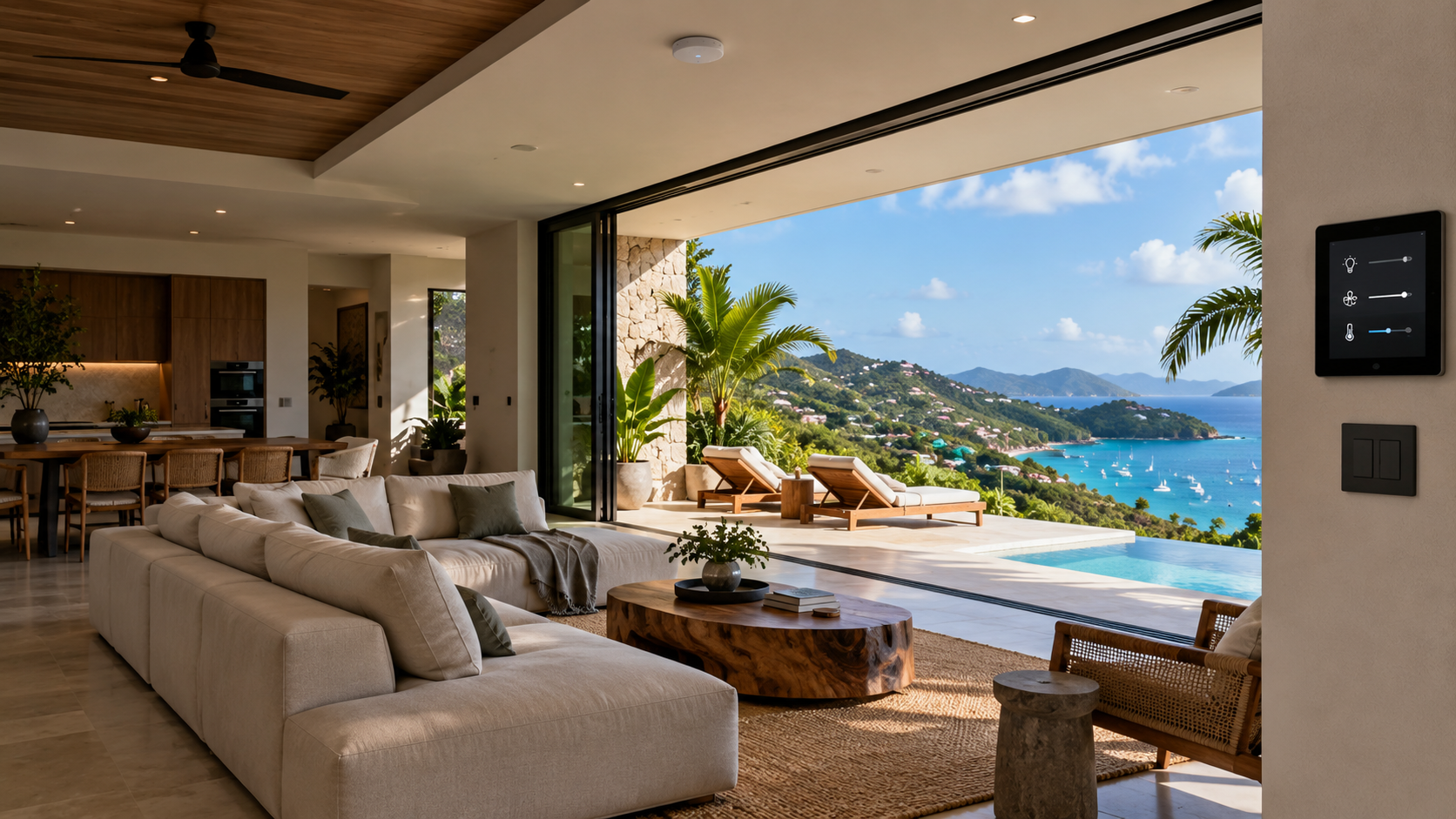Illustrative Caribbean villa with integrated lighting controls and connected property technology